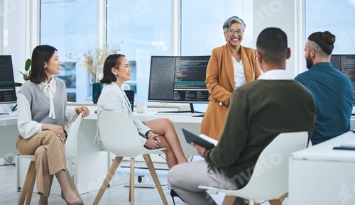 Preview: Teamwork, planning and programmer with business people in office for coding, developer or informati