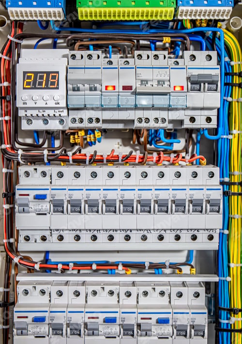 Preview: Voltage distributor with automatic switches. Electrical background.