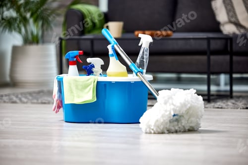 Preview: Making my floors sparkle. Shot of a bucket of cleaning supplies.