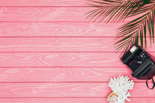 Preview: top view of instant print camera with coral and palm leaves on pink wooden surface
