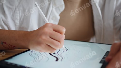 Preview: Lady hands drawing tablet computer flat closeup. Artist sketching electric pen