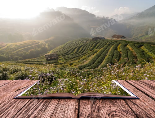 Preview: Open book image of Tea field when sunrise with fog, Doi angkhang, Chiangmai province, Thailand