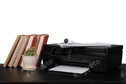 Preview: Working table with printer and stacked books on white abckground