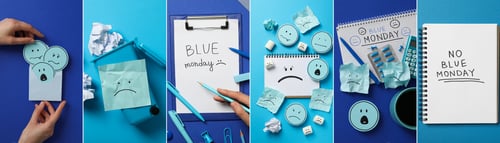 Preview: Photo collage, blue monday concept, working day.