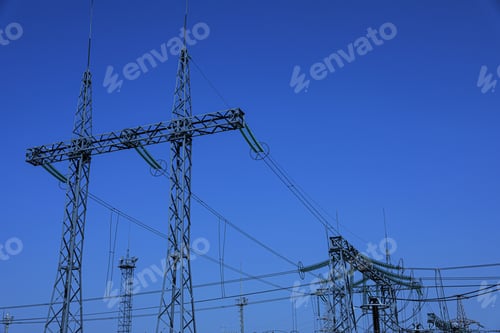 Preview: Modern electrical substation on sunny day, low angle view