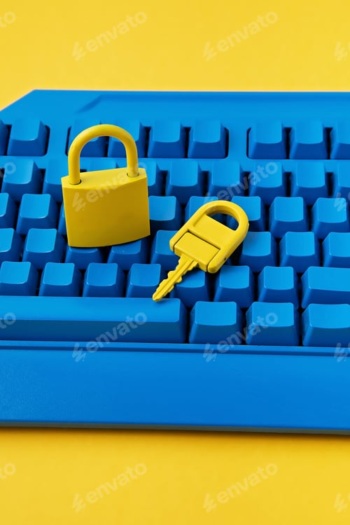 Preview: Cyber data and information security idea. Yellow padlock and key and blue keyboard. Computer