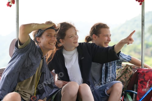 Preview: Adventure, travel, tourism, hike and people concept. Group of smiling friends with backpacks outdoor
