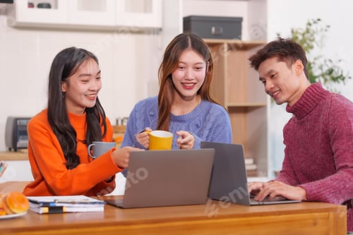 Preview: An Asian young woman with college friends sitting at a table, looking at a laptop, studying online