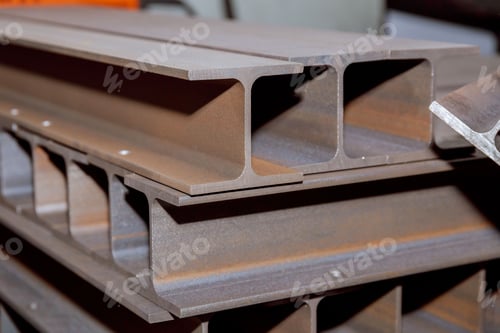 Preview: The stack of rolled metal is on the background of a green field, facing the steel profile.
