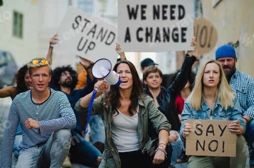 Preview: Group of people activists protesting on streets, strike, demonstration and coronavirus concept.
