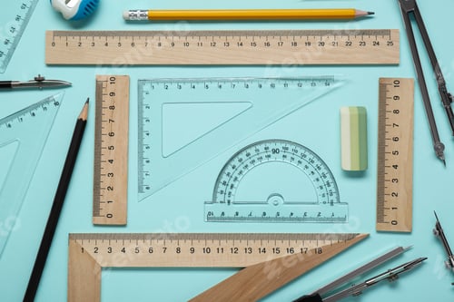 Preview: Flat lay composition with different rulers and protractor on turquoise background