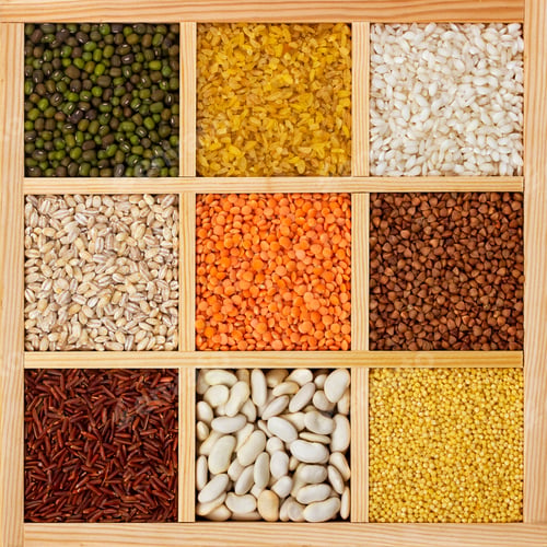 Preview: Groats in square wooden box, collection of cereals, beans and seeds, top view