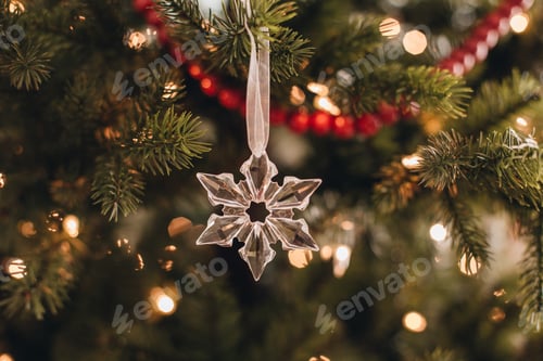 Preview: A beautiful crystal snowflake hangs elegantly on a Christmas tree celebrating the birth of Christ