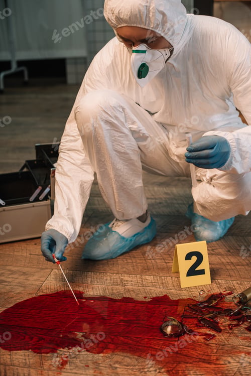 Preview: cropped view of forensic investigator in latex gloves taking blood samples at crime scene