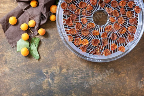 Preview: The process of home cooking dried fruits or candied fruit in an electric dryer on a rustic table.