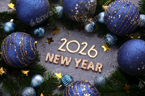 Visualização: A inscrição Ano Novo 2026 em um fundo azul com decorações de Natal.