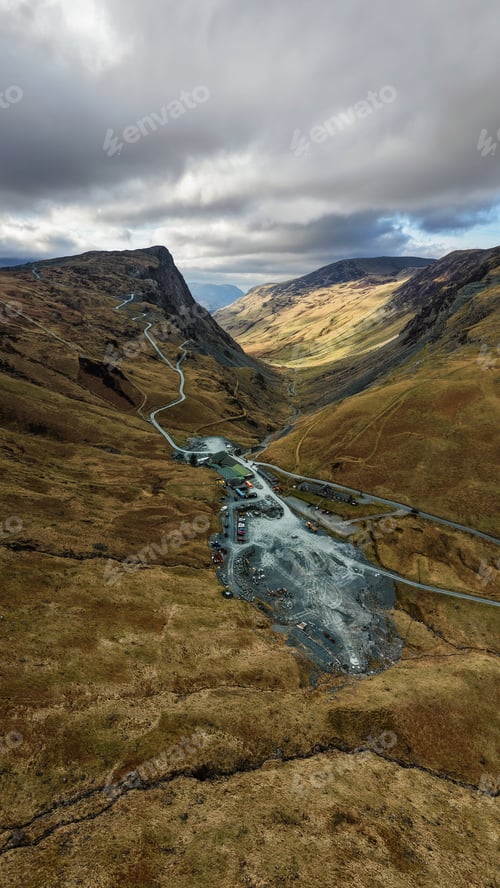 Preview: Aerial vertorama of the Honister Slate Mine and Honister Pass in the English Lake District