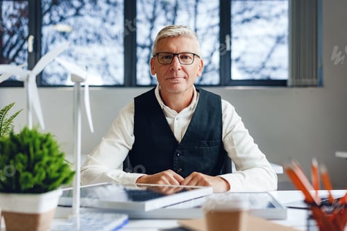 Preview: Male mature architect working on an ecological construction project in office
