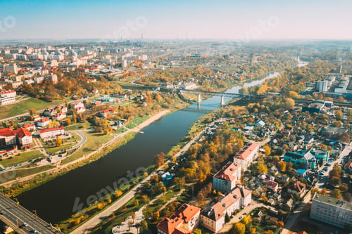 Preview: Grodno, Belarus. Aerial Bird's-eye View Of Hrodna Cityscape Skyline. Residential District In Sunny