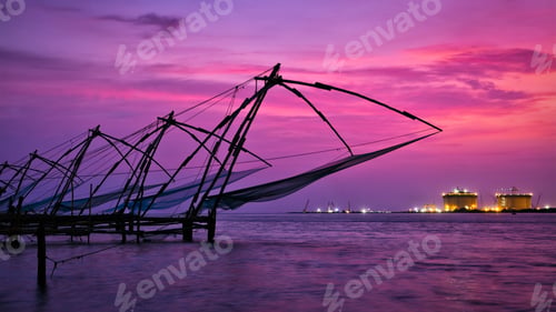 Preview: Chinese fishnets on sunset. Kochi, Kerala, India