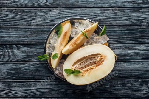 Preview: top view of sweet ripe melon with mint and ice cubes on wooden surface