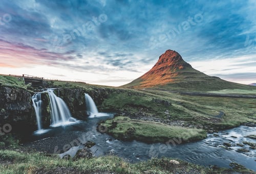 Preview: View of a small waterfall and the Kirkjufell mountain
