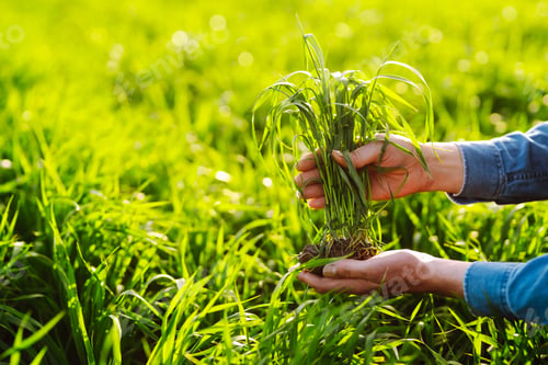 Preview: Young Green wheat seedlings in the hands of a farmer. Ripening ears of wheat field.