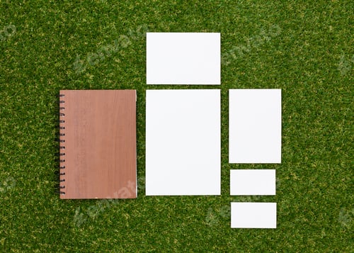 Preview: Blank stationery on green grass with a wooden notebook displaying a minimalistic workspace in