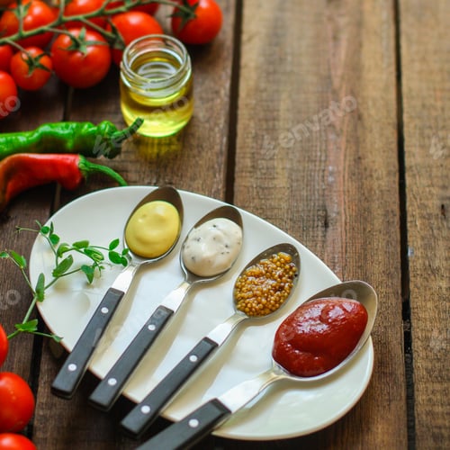 Preview: Sauce (Different Types Of Sauces In A Spoon) Portion Serving. Top Food Background. Copy Space