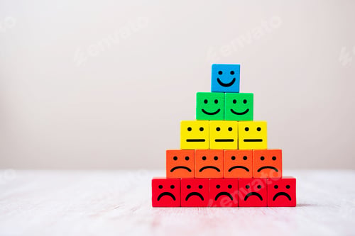 Preview: Emotion face symbol on wooden cube blocks. Service rating, ranking, customer review