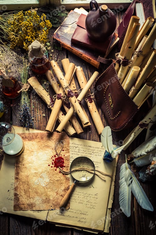 Preview: Scribe and witcher workshop with scrolls and ingredients