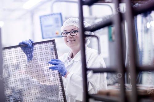 Preview: Factory worker holding wire mesh looking at camera smiling