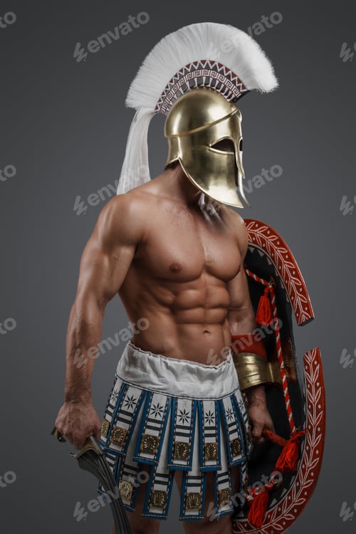 Preview: Greek swordsman from past with shield and plumed helmet