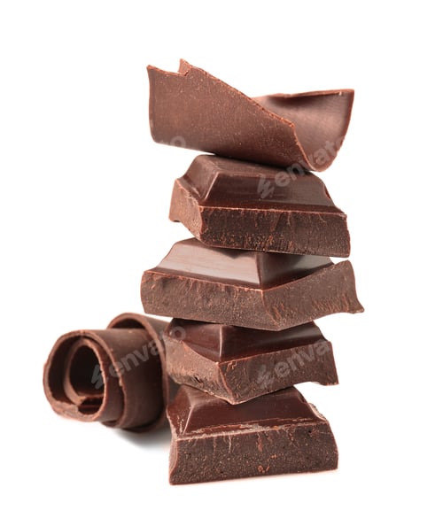 Preview: Yummy chocolate curls and pieces on white background
