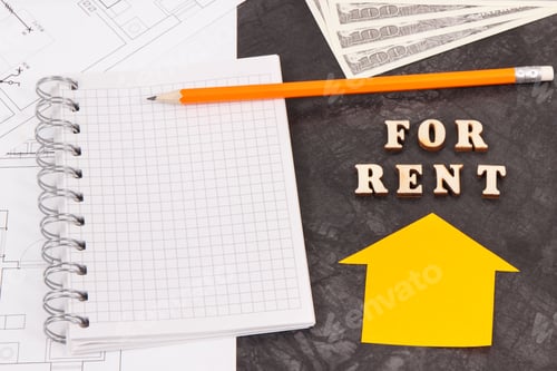 Aperçu: Inscription for rent, currencies dollar, notepad and electrical diagrams
