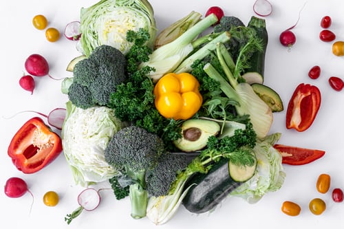 Preview: Vegetables and fruits, flat lay isolated on white background.