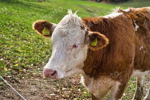 Preview: Close-up shot of a black and white cow standing near a barbed wire fence in a rural setting