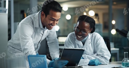 Preview: People, scientist and tablet with research, laboratory and digital study for healthcare science. Ha