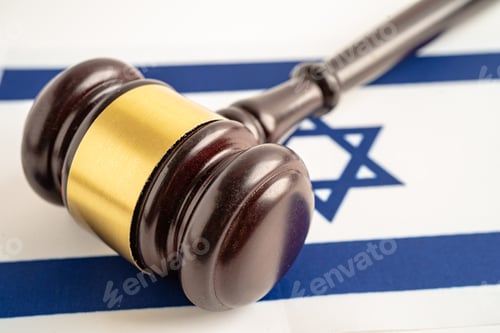 Preview: Israel flag with judge hammer, Law and justice court concept.