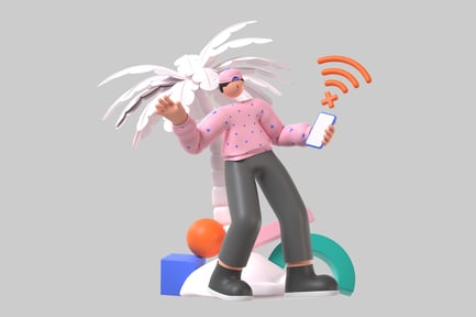 Visualização: Personagem estilizado com telefone e palmeira