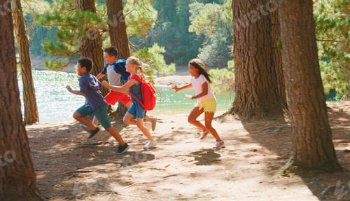 Preview: Group Of Children Running Along Trail By Lake On Hiking Adventure In Countryside