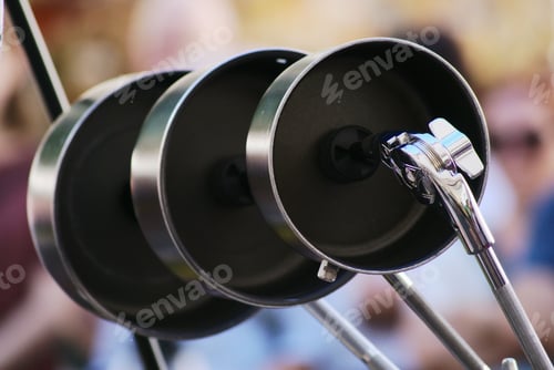 Preview: Asfaltart, a street festival, Meran, South Tyrol - pans mounted on supports to be used as percussion