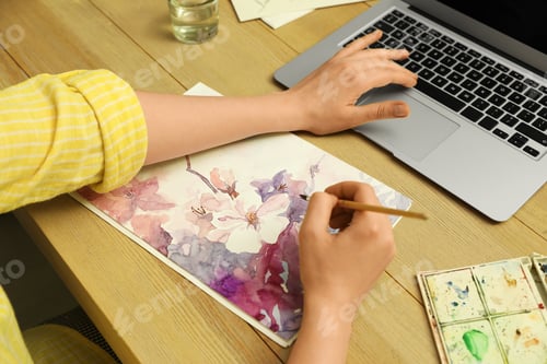 Preview: Woman drawing picture at online art lesson, closeup. Distant learning