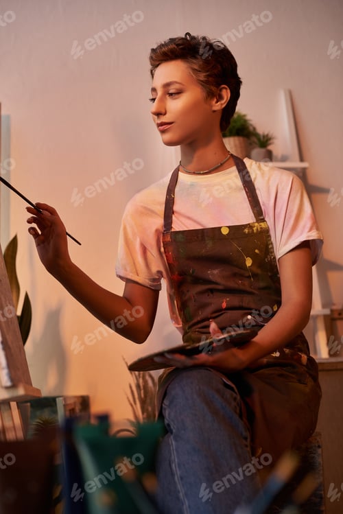 Preview: Creative young woman with short hair paints a vibrant picture in her cozy home art space