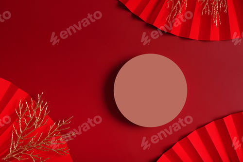 Preview: Mock up podium round stage or pedestal and paper art Chinese new year symbol top view
