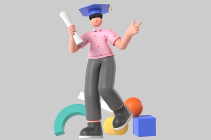 Preview: Person in graduation cap and gown standing on various shapes.