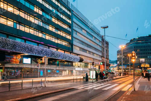 Preview: Helsinki, Finland. Shopping Center In New Year Lights Christmas
