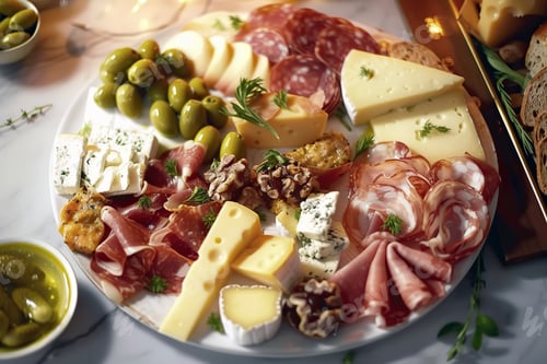 Preview: Plate of Cheese, Meats, and Olives on Table