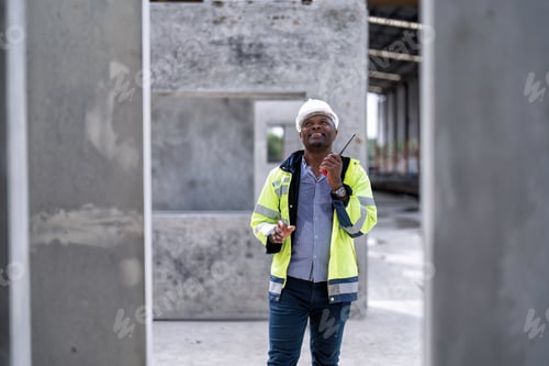 Preview: At building construction site engineer check quality precast concrete slabs and radio call to team