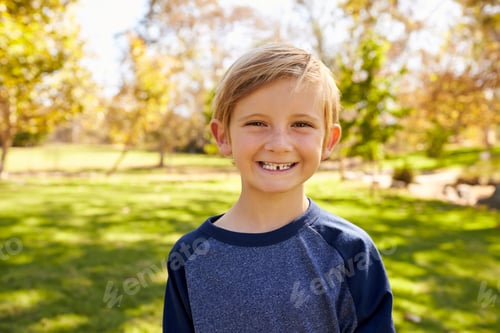 Preview: Seven year old Caucasian boy in a park smiling to camera